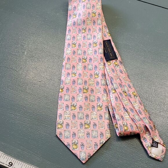 Mens tie, pure silk. By Michelsons. Beautiful pink print Flower pots, seeds.. - Picture 1 of 5